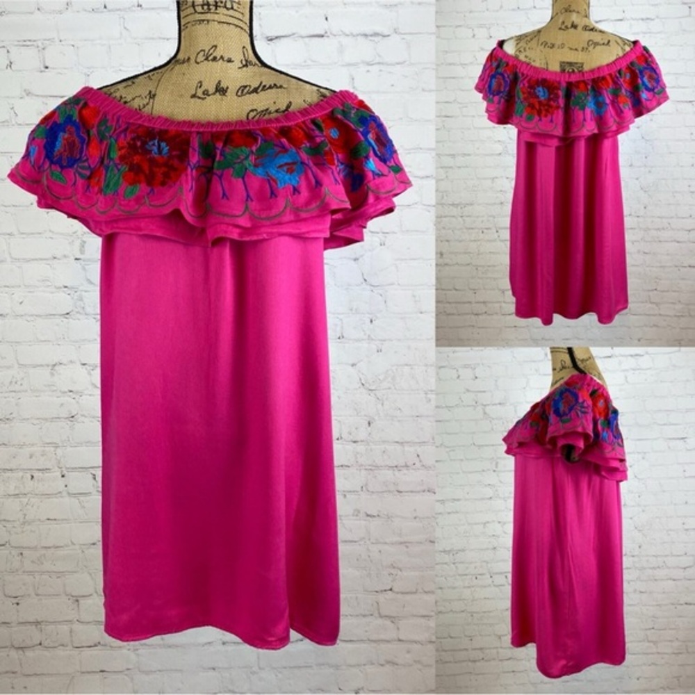 Umgee Hot Pink On/Off Shoulder Embroidered Ruffled Dress